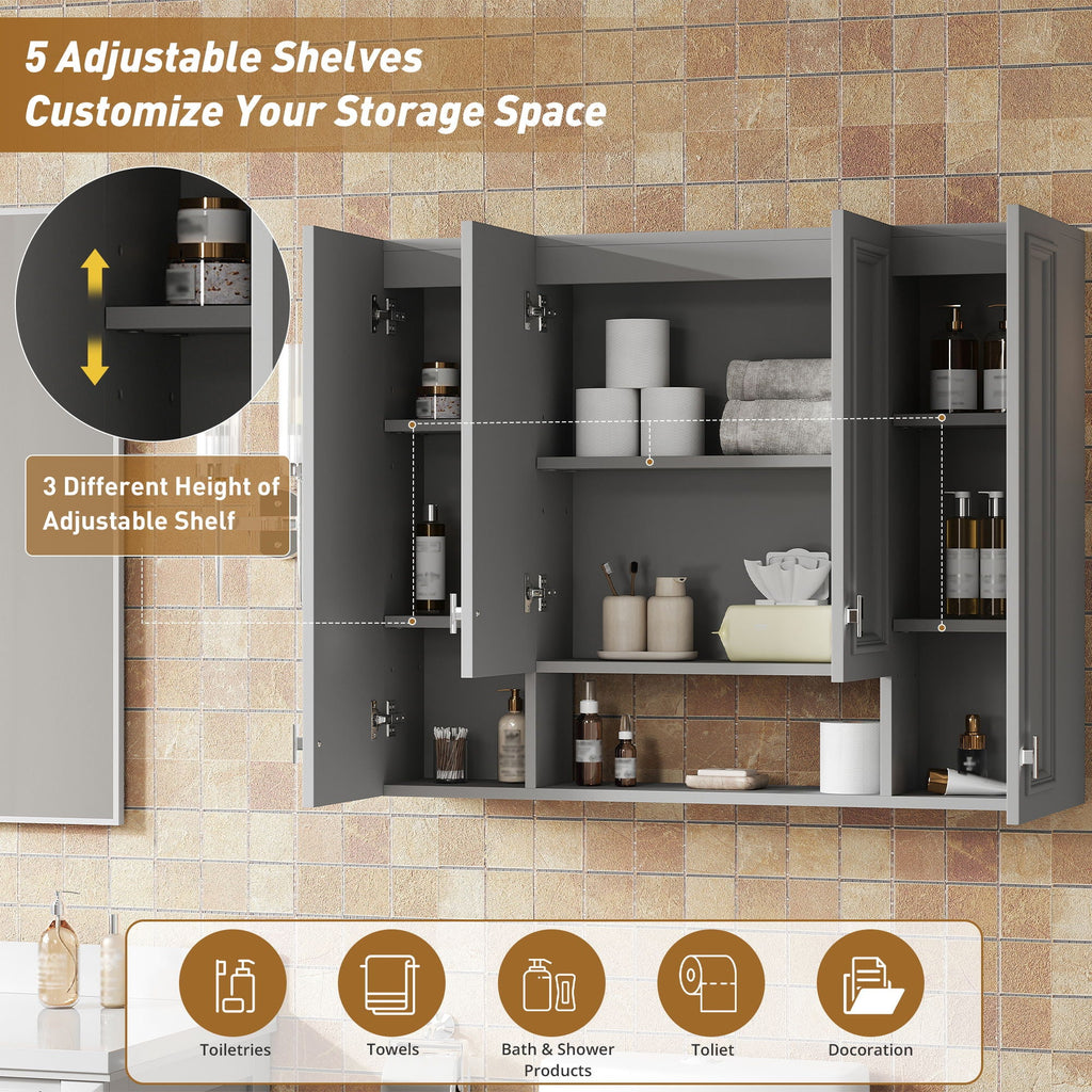 Wall Mounted Bathroom Cabinet With 5 Adjustable Shelves and Soft-Closing Hinges - Gray or Black