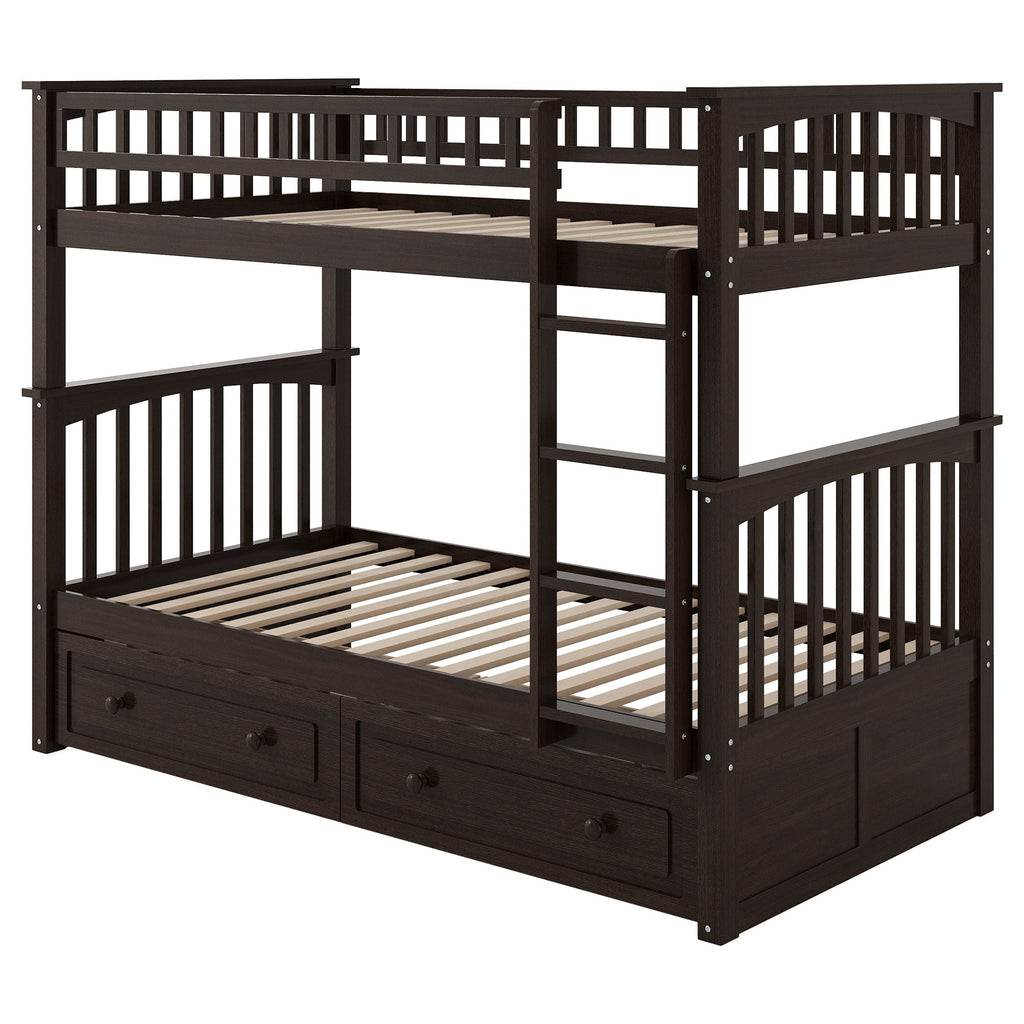 Convertible Bunk Bed With Drawers - Solid Wood with Storage - White, Dark Brown or Dark Gray