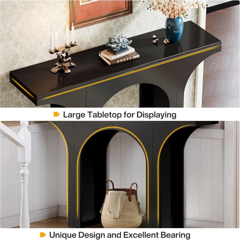 Black Console Table with Arched Base - Solid Wood & MDF