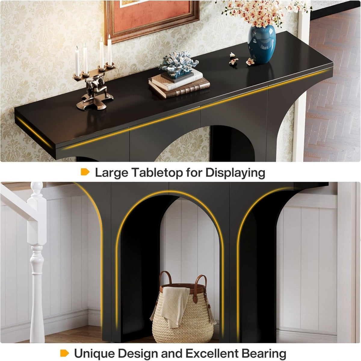 Black Console Table with Arched Base - Solid Wood & MDF