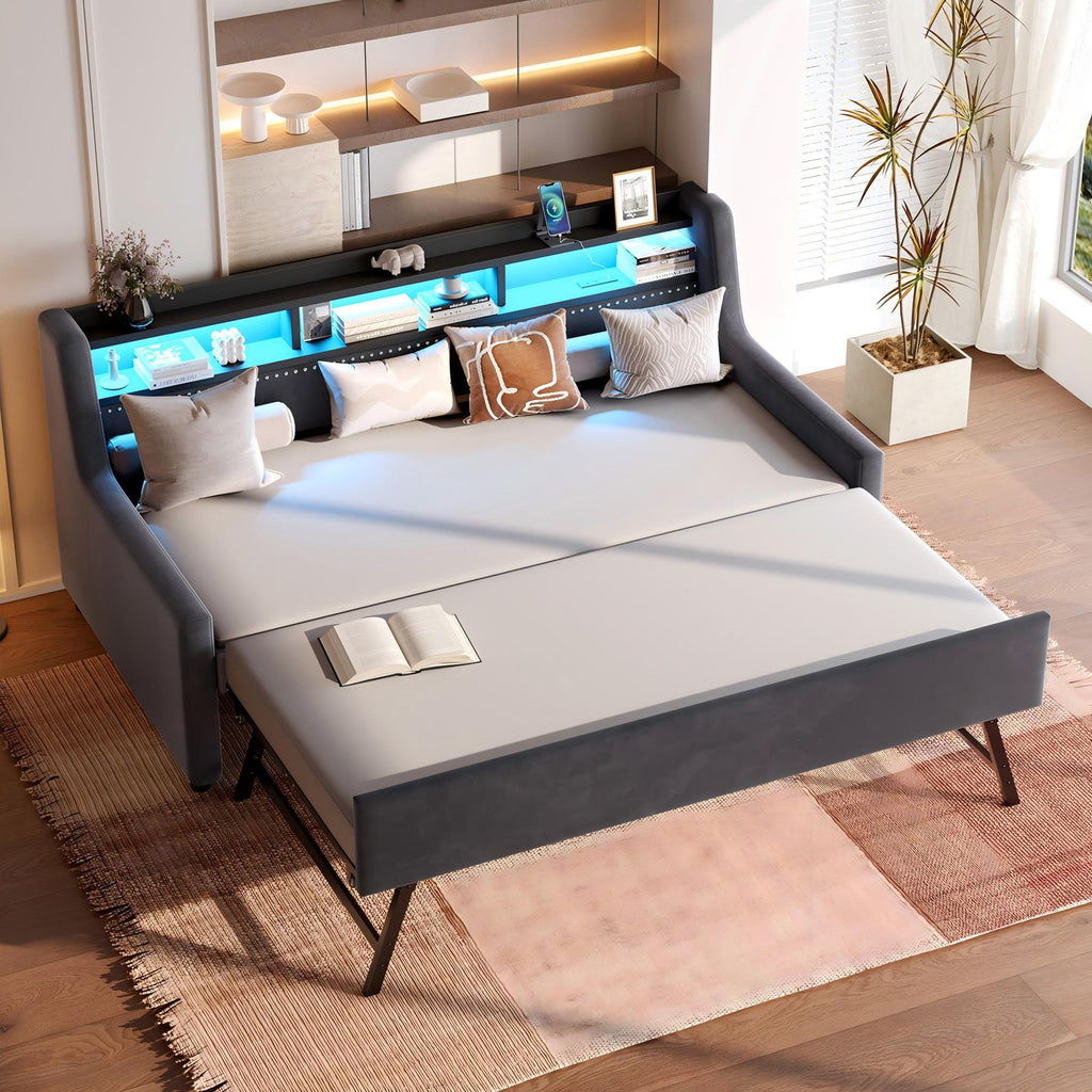 Twin Size Daybed With LED Light & Charging Station - Dark Gray