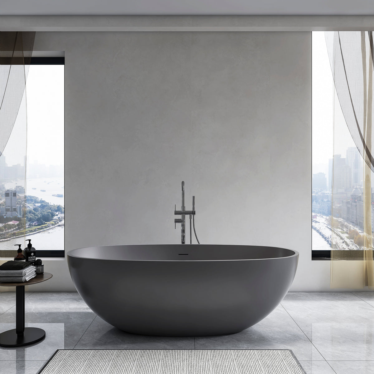 65.2 Inch Freestanding Solid Surface Soaking Bathtub with Spacious Interior - Dark Grey