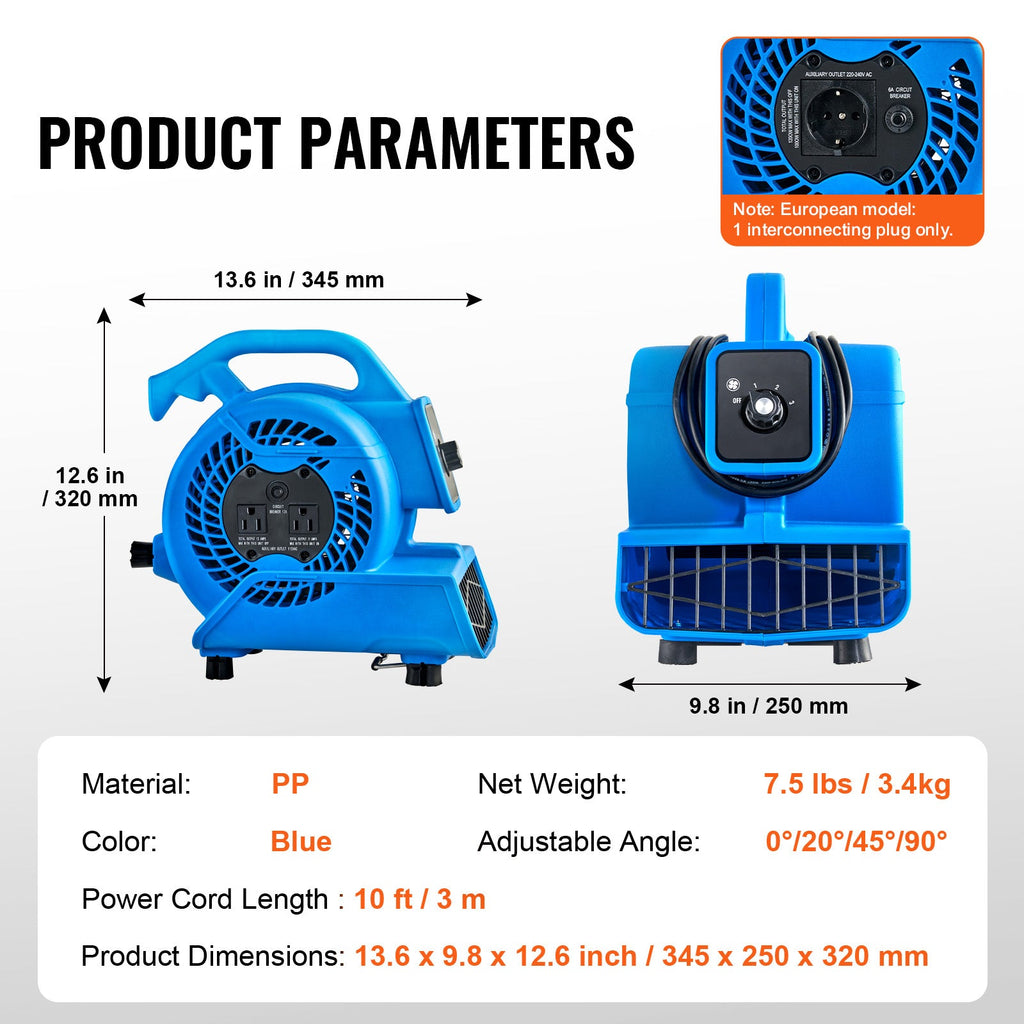Floor Blower 1360 RPM Air Mover with Four Blowing Angles - Plastic