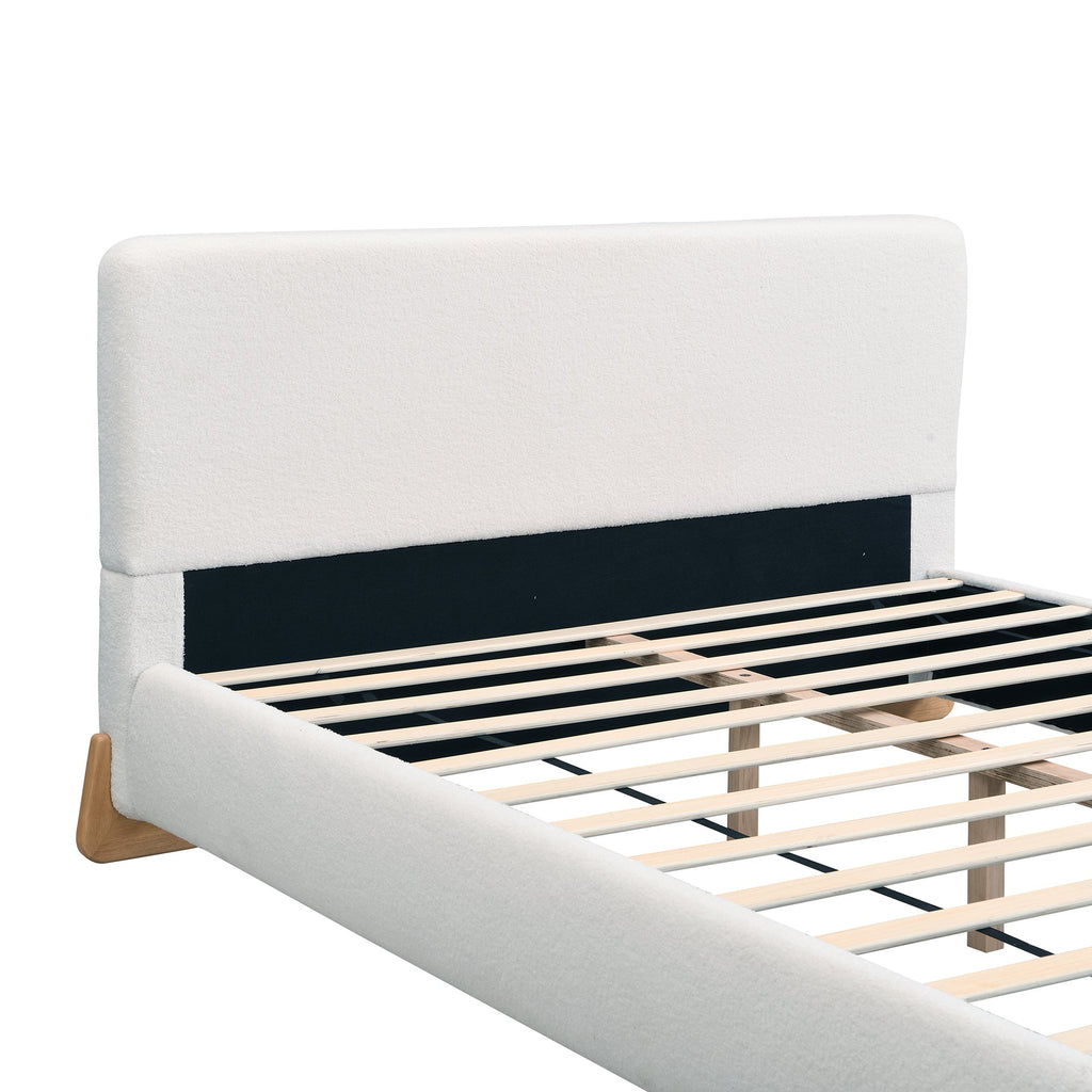 Elegant Boucle Upholstered Bed with Solid Wood Support - White