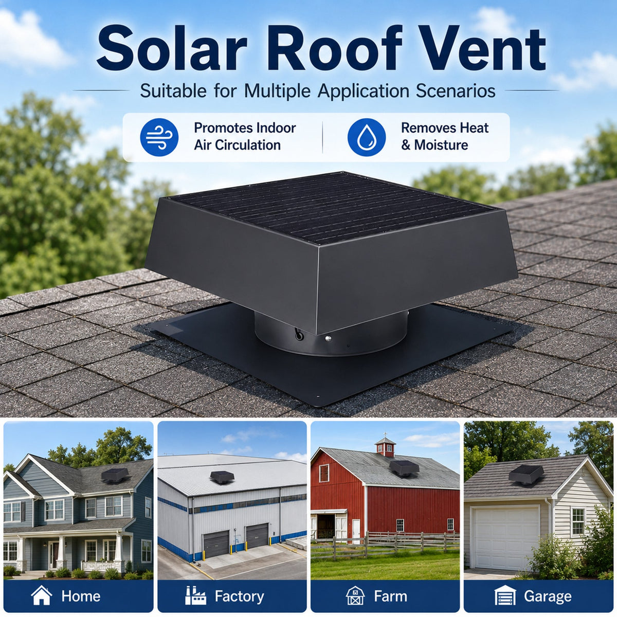 12" Flush Mount Solar Attic Vent with Dual Power Roof Exhaust Fan - Black