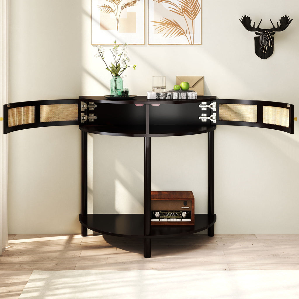 Boho Rattan Semi Circle End Table with Sliding Door and Storage - Black or Dark Green