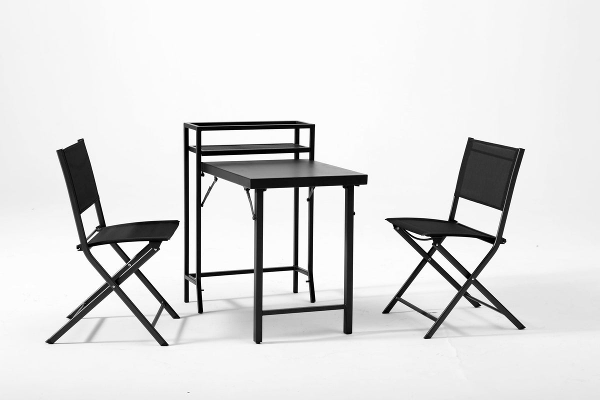 3 Piece Patio Bistro Set with Foldable Table and Chairs - Black