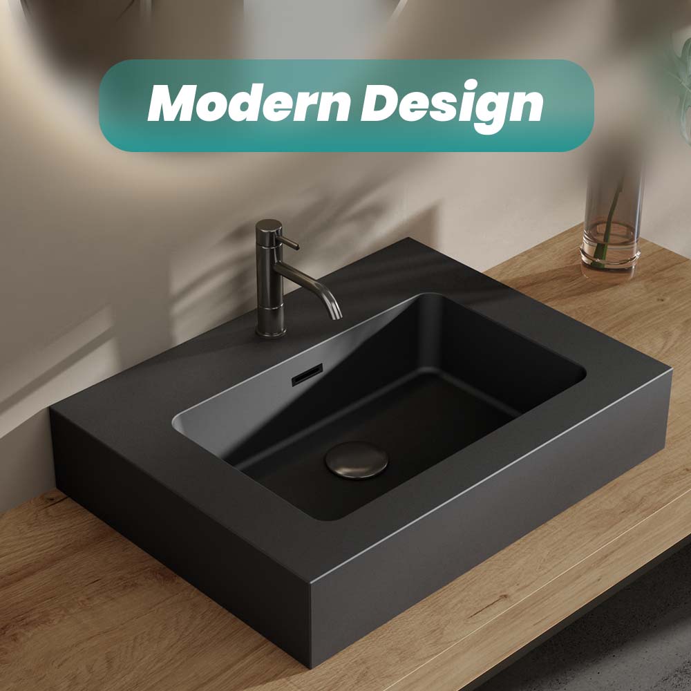 Matte Black Integrated Solid Surface Bathroom Basin with Overflow
