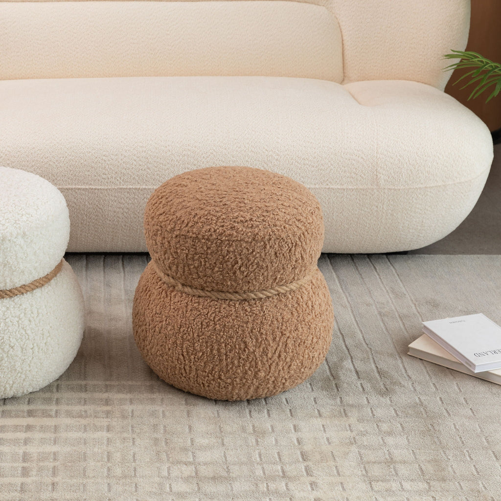 Snowman Stool Ottoman with Lamb Wool Cushion and Solid Wood Frame - White, Light Brown, Dark Green