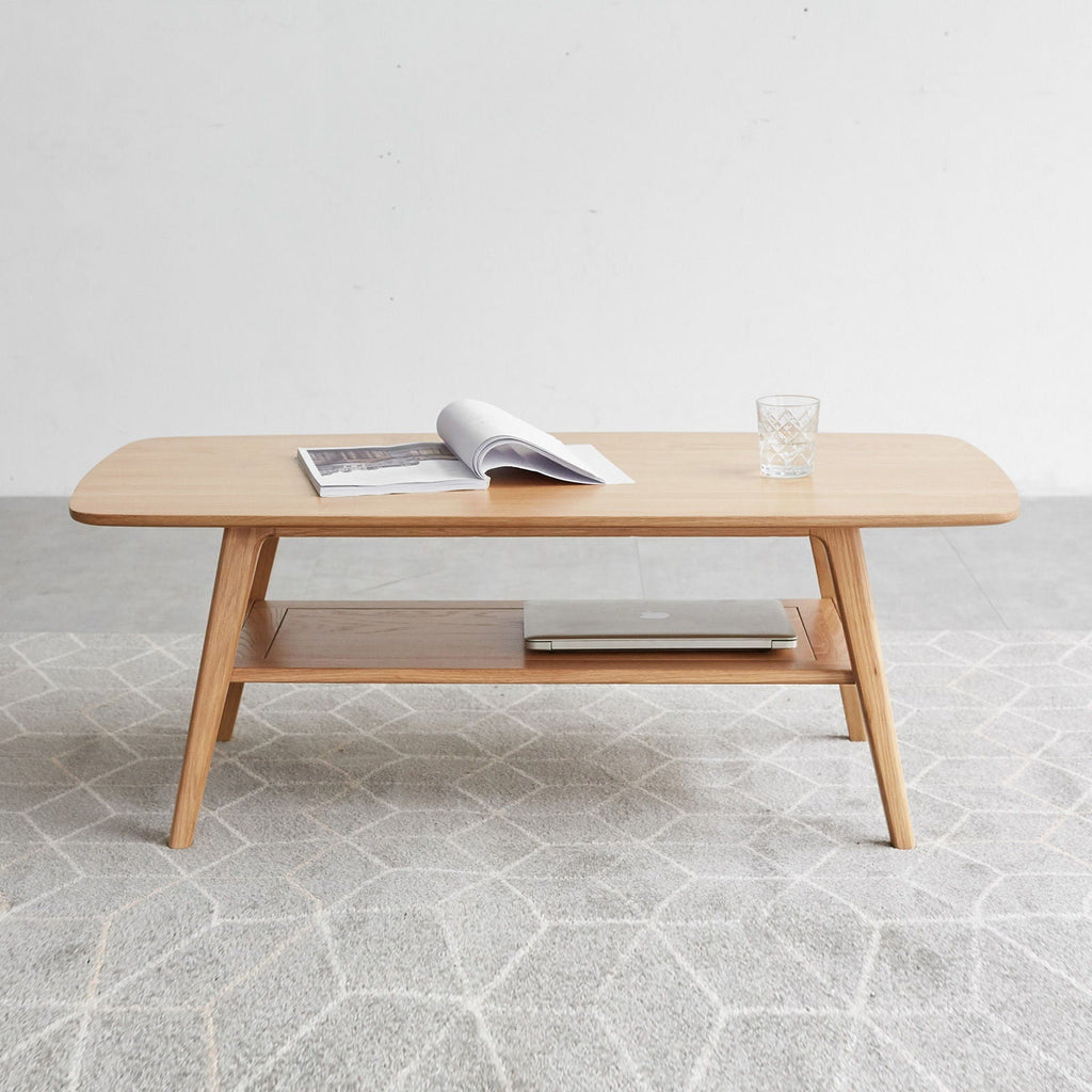 Low Coffee Table with Storage Shelf - Solid Oak - Light or Dark Brown