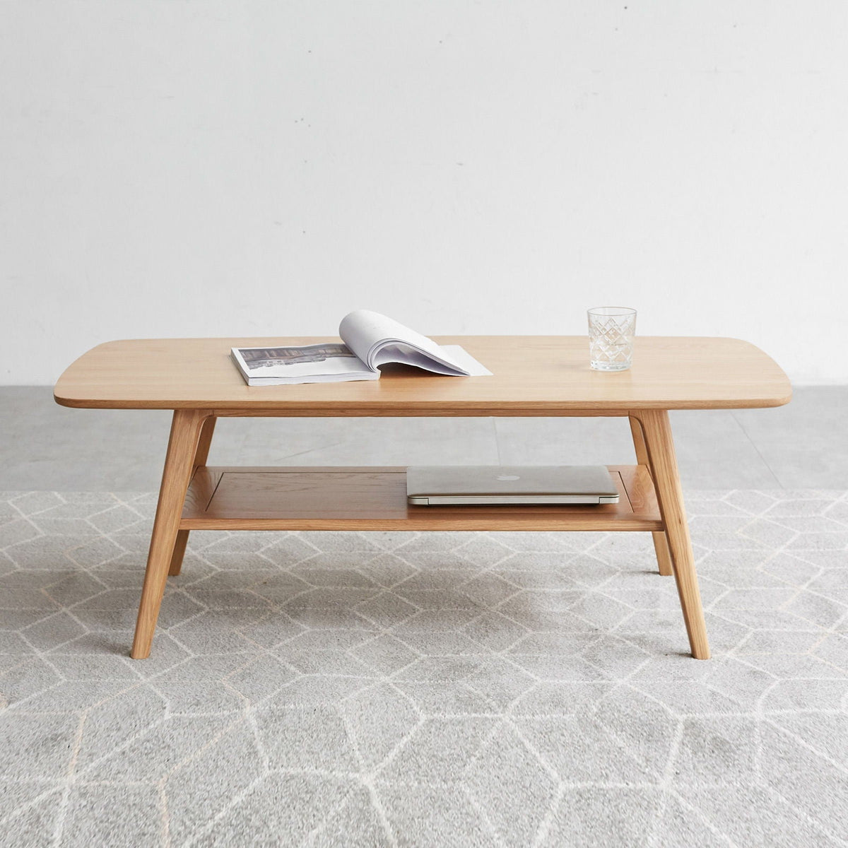 Low Coffee Table with Storage Shelf - Solid Oak - Light or Dark Brown