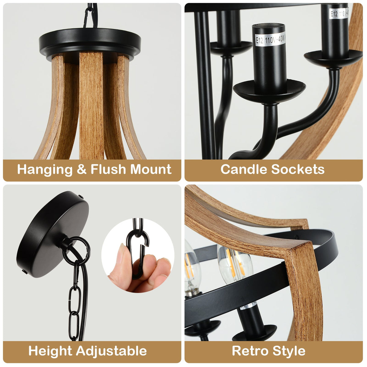 5-Light Modern Chandelier with Geometric Wooden Frame - Brown