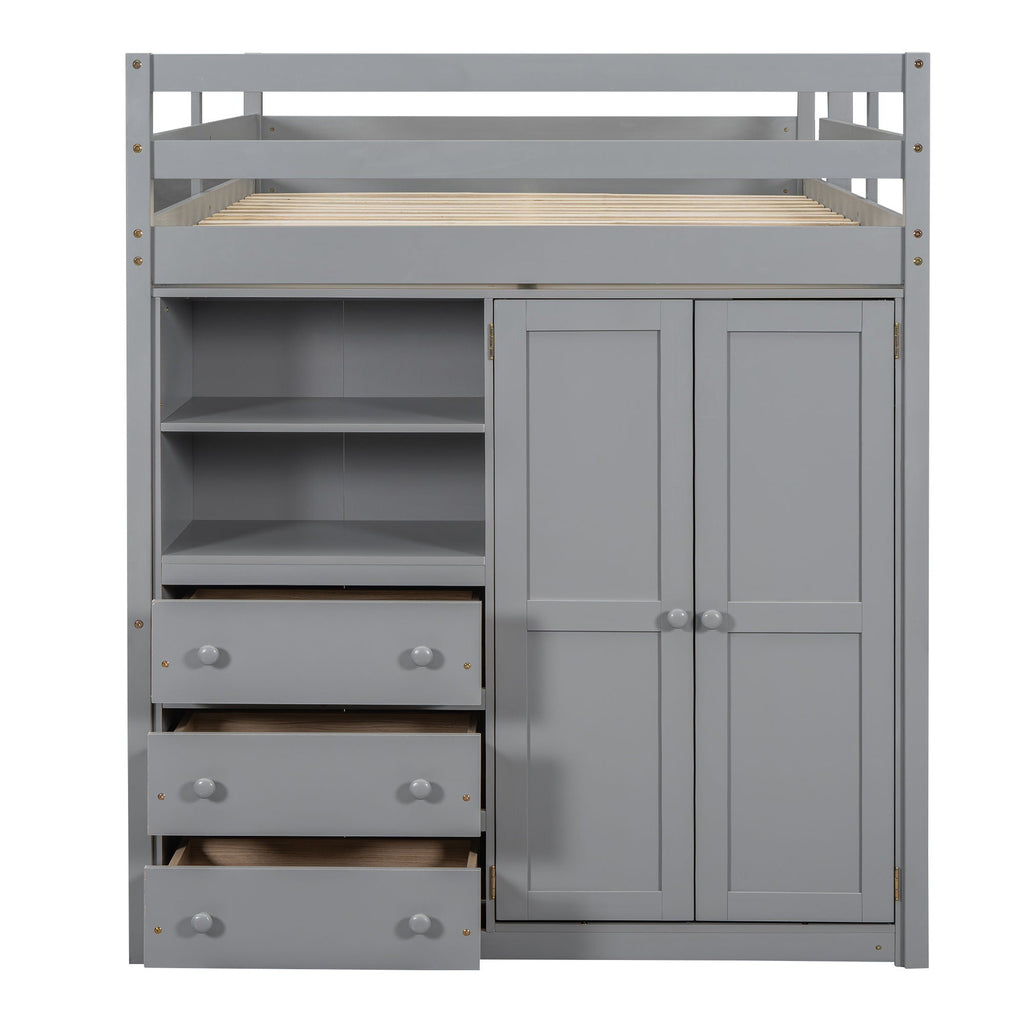 Full Size Loft Bed with Built-In Wardrobe, Shelves, and Drawers - White or Dark Gray