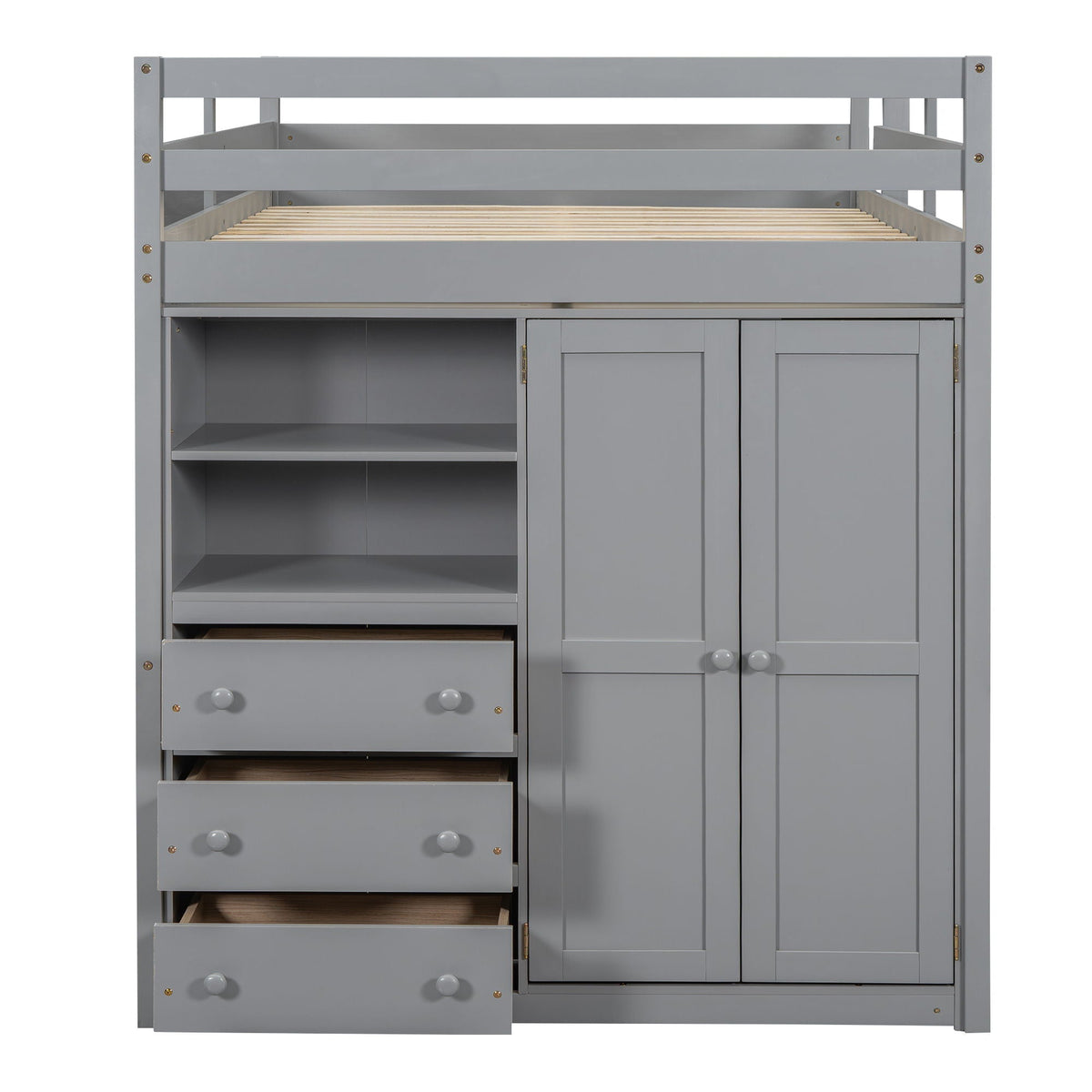 Full Size Loft Bed with Built-In Wardrobe, Shelves, and Drawers - White or Dark Gray