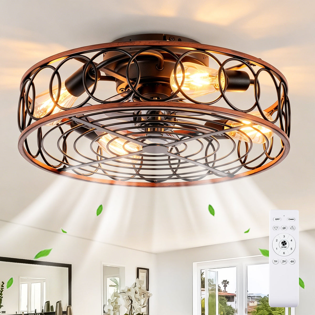 20 Inch Caged Ceiling Fan with Lights and Remote Control - Matte Black