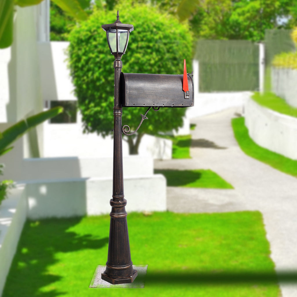 Heavy Duty Cast Aluminum Mailbox with Solar Light - Brown