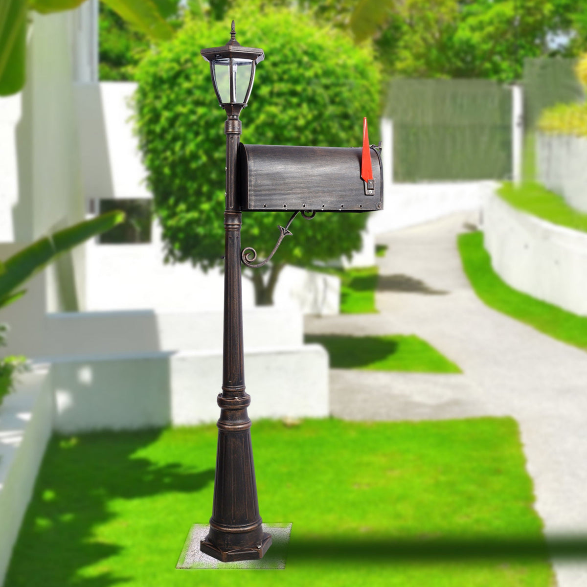 Heavy Duty Cast Aluminum Mailbox with Solar Light - Brown