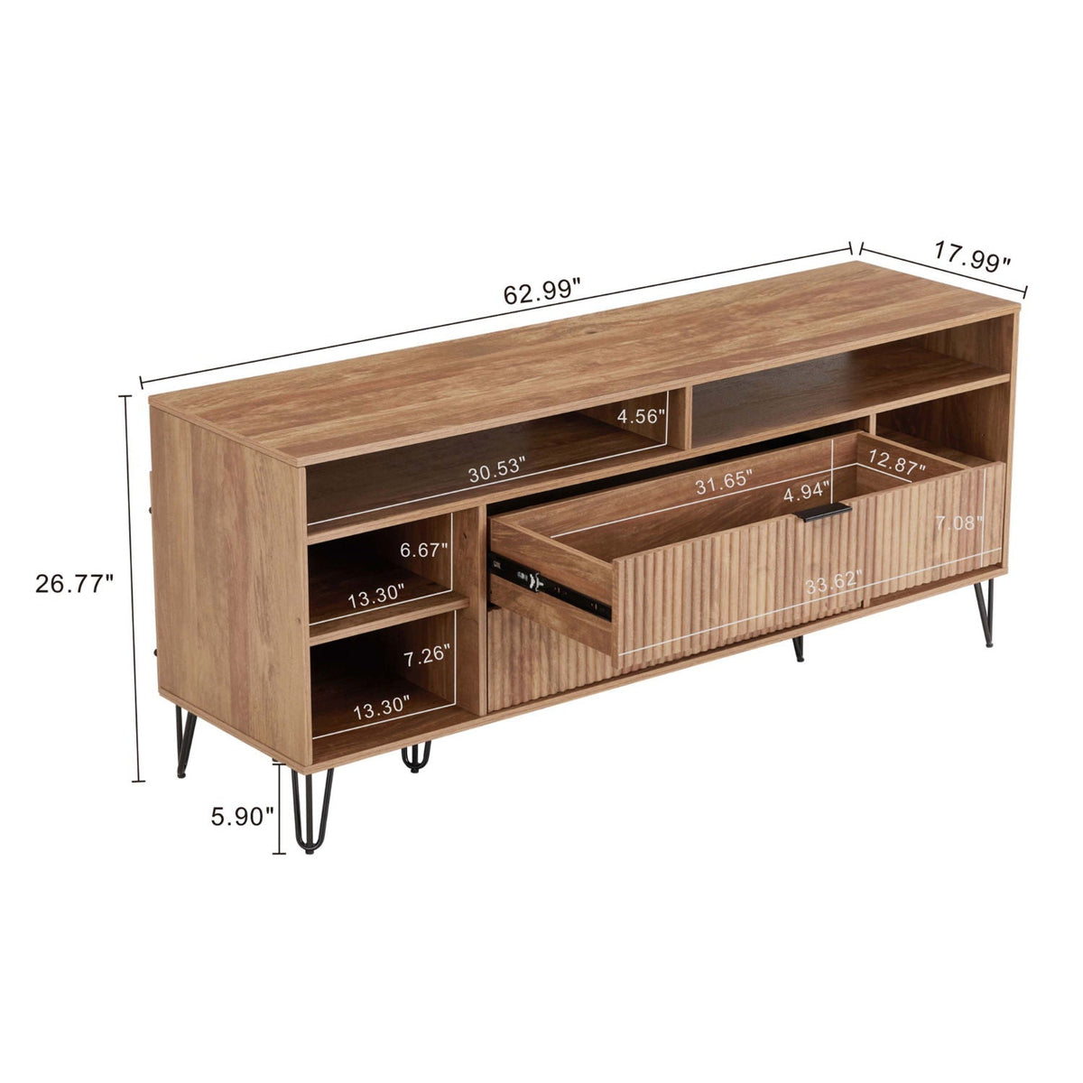 Fluted TV Stand with Storage and Metal Legs - Multiple Colors