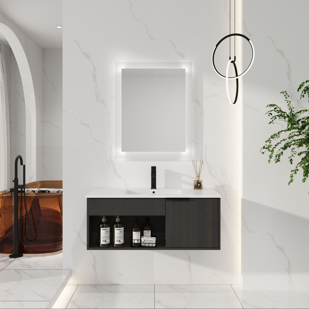 Wall Mounted Floating Bathroom Vanity with Open Shelf & Soft Close Door - Dark Brown