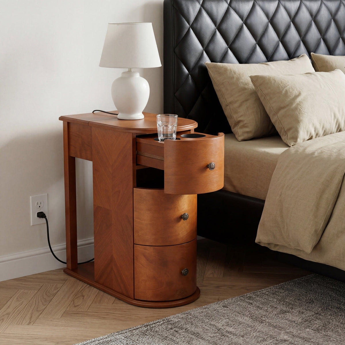 Modern End Table with Hidden Cup Holder and Charging Station - Walnut