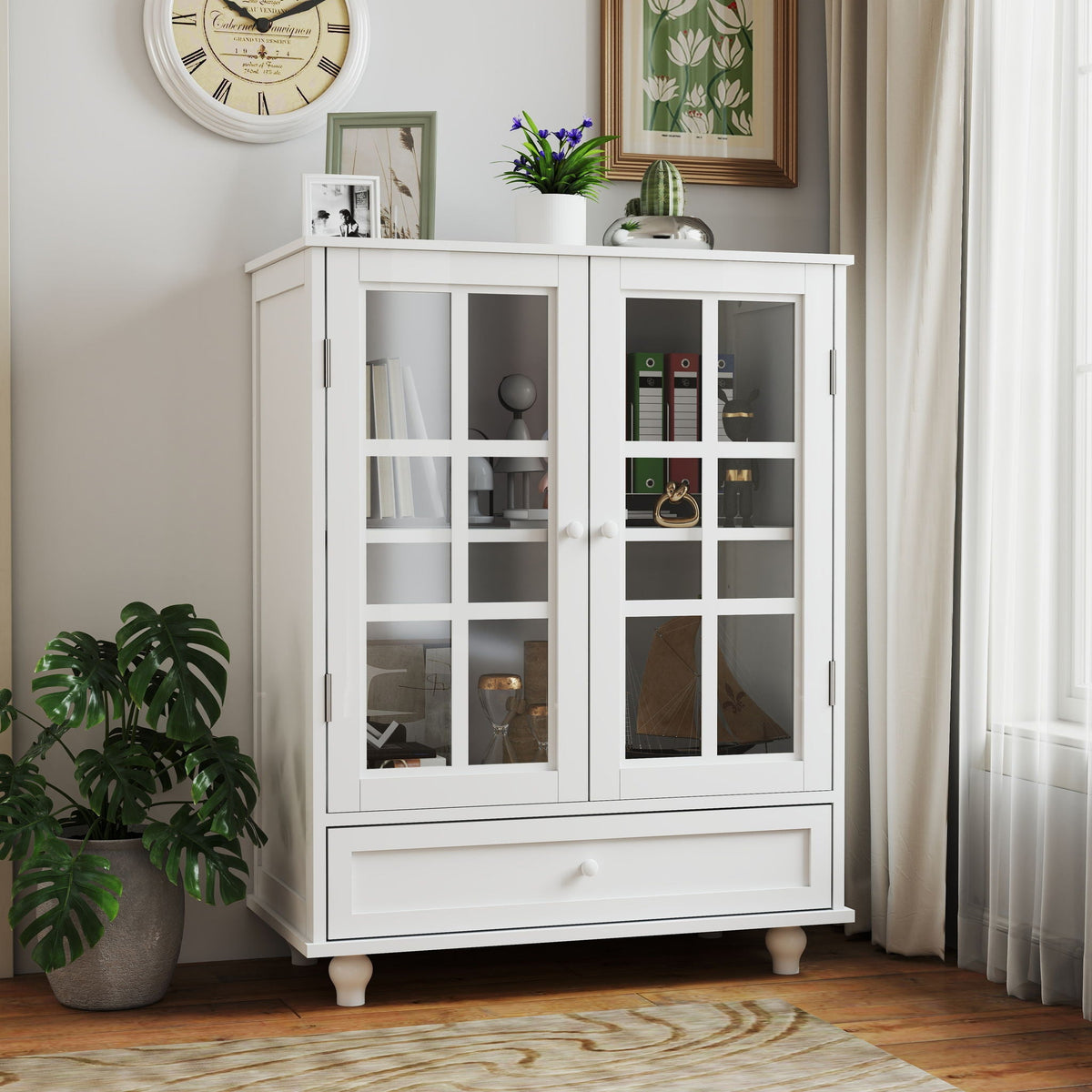 Minimalist Buffet Cabinet with Double Glass Doors and Drawer - White, Green, Black, Blue
