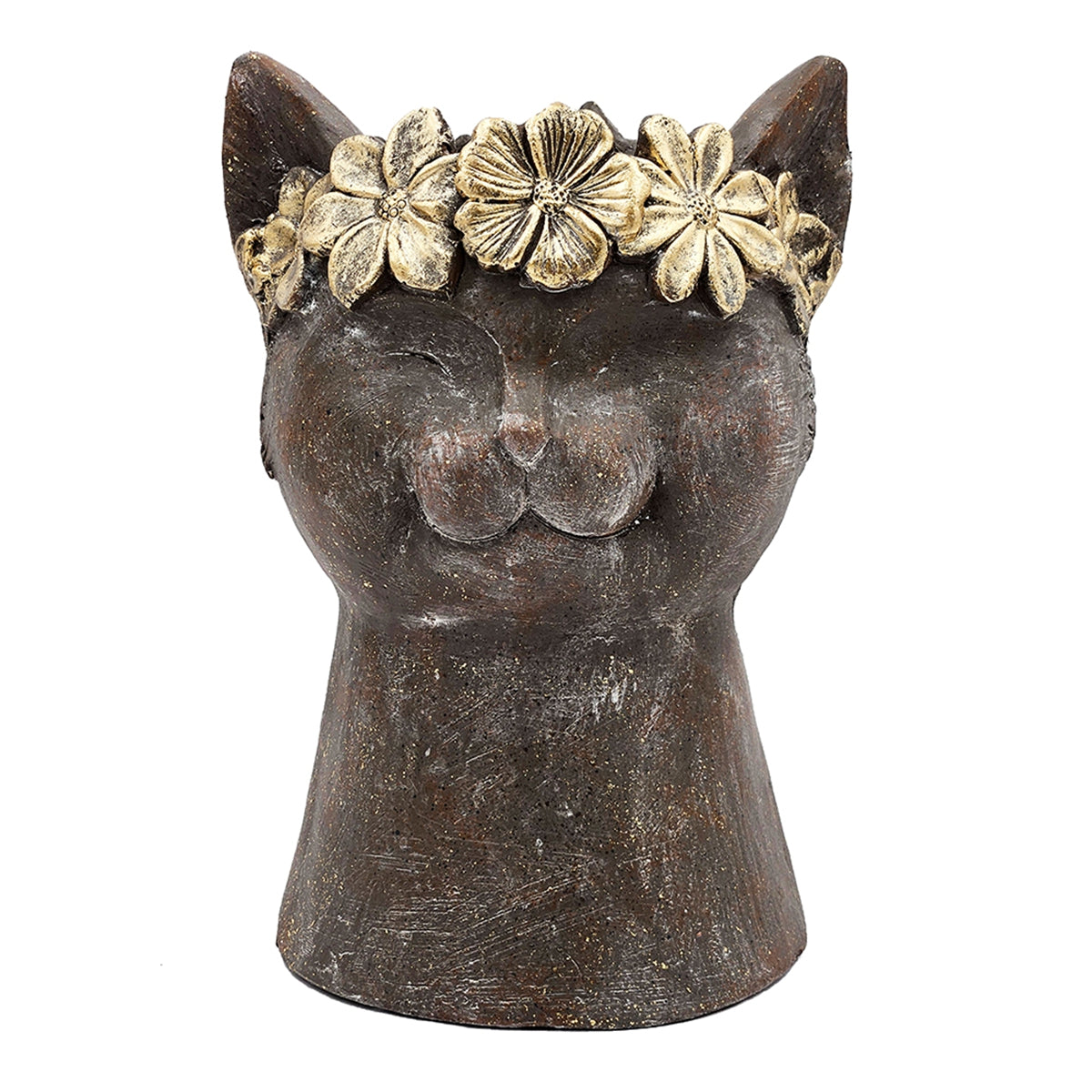 Magnesium Cat Statue Planter with Textured Finish - Brown & Gold