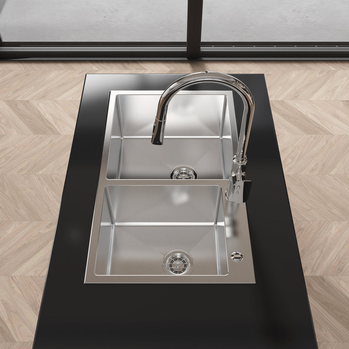 Stainless Steel Kitchen Sink with Double Bowl - Brushed Nickel