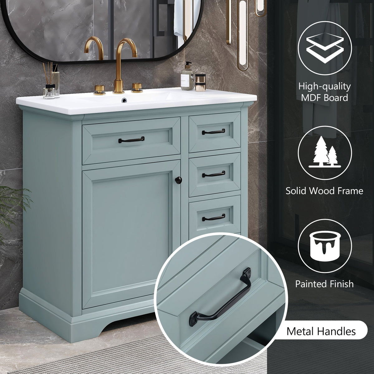36" Bathroom Vanity with Ceramic Sink and Storage - Grey