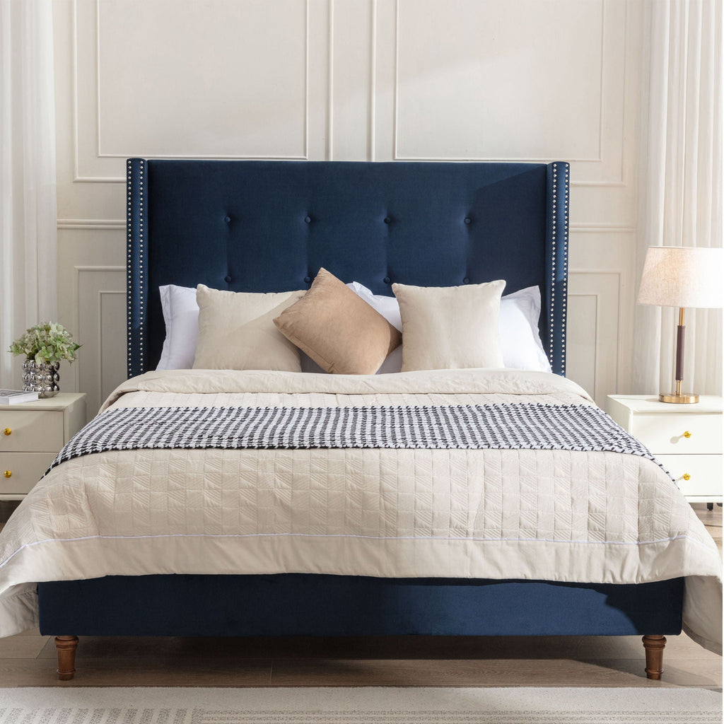 Upholstered Bed with 54" High Headboard and Hand Buttoned Tufting - White or Blue