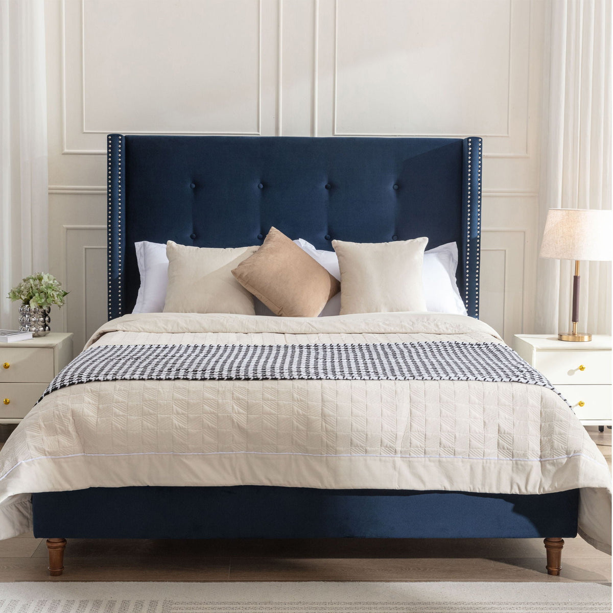 Upholstered Bed with 54" High Headboard and Hand Buttoned Tufting - White or Blue
