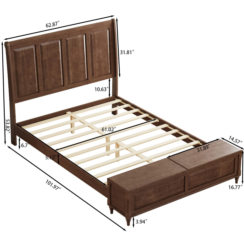 Sleigh Bed Frame with Tall Headboard and Storage Bench - Dark or Light Brown