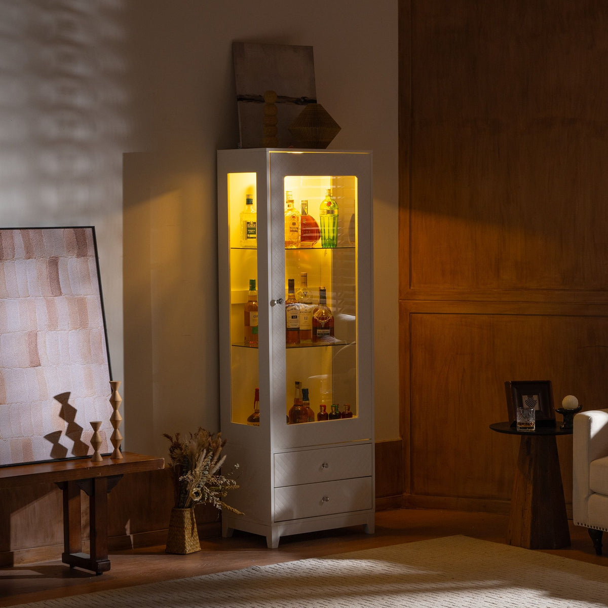 Modern Upholstered Glass Display Cabinet with Adjustable LED Light - White