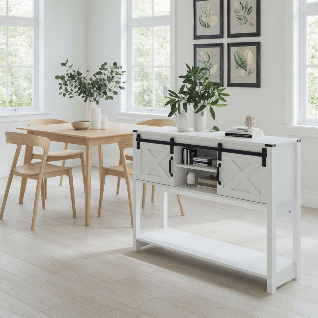 Farmhouse Entryway Table with Sliding Barn Door - Gray, Dark Gray, White, Black