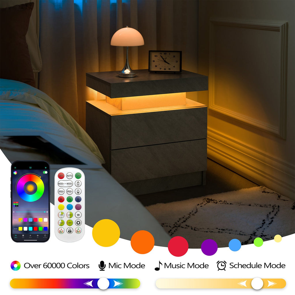Modern LED Nightstand with 2 Drawers and Adjustable Lighting - Deep Gray