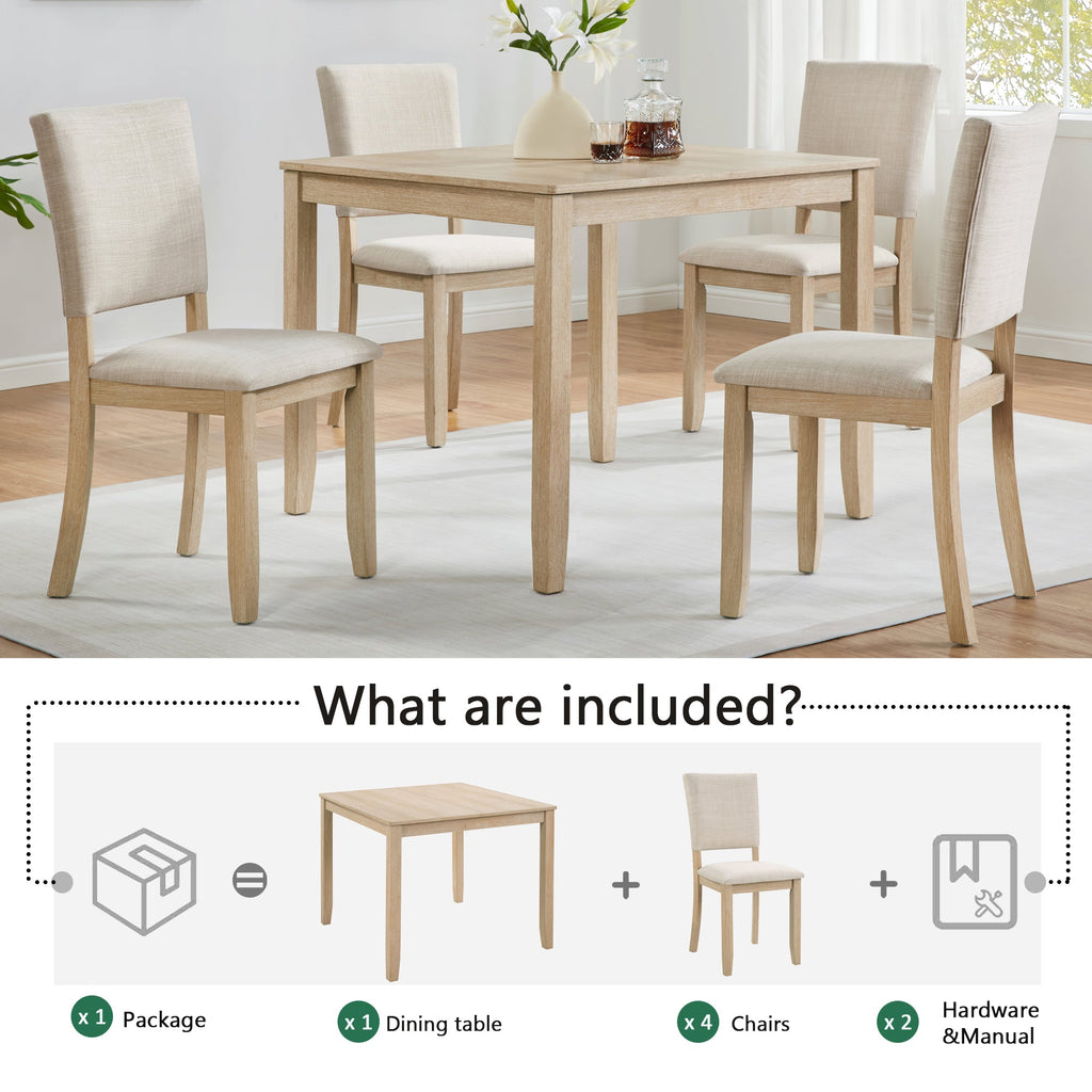 Modern 5-Piece Wooden Dining Table Set with Upholstered Chairs - Light Oak