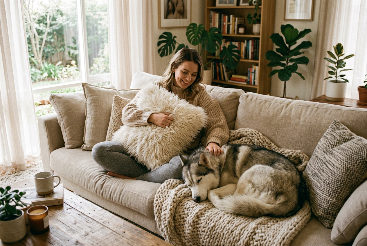 Cozy Couch with Husky