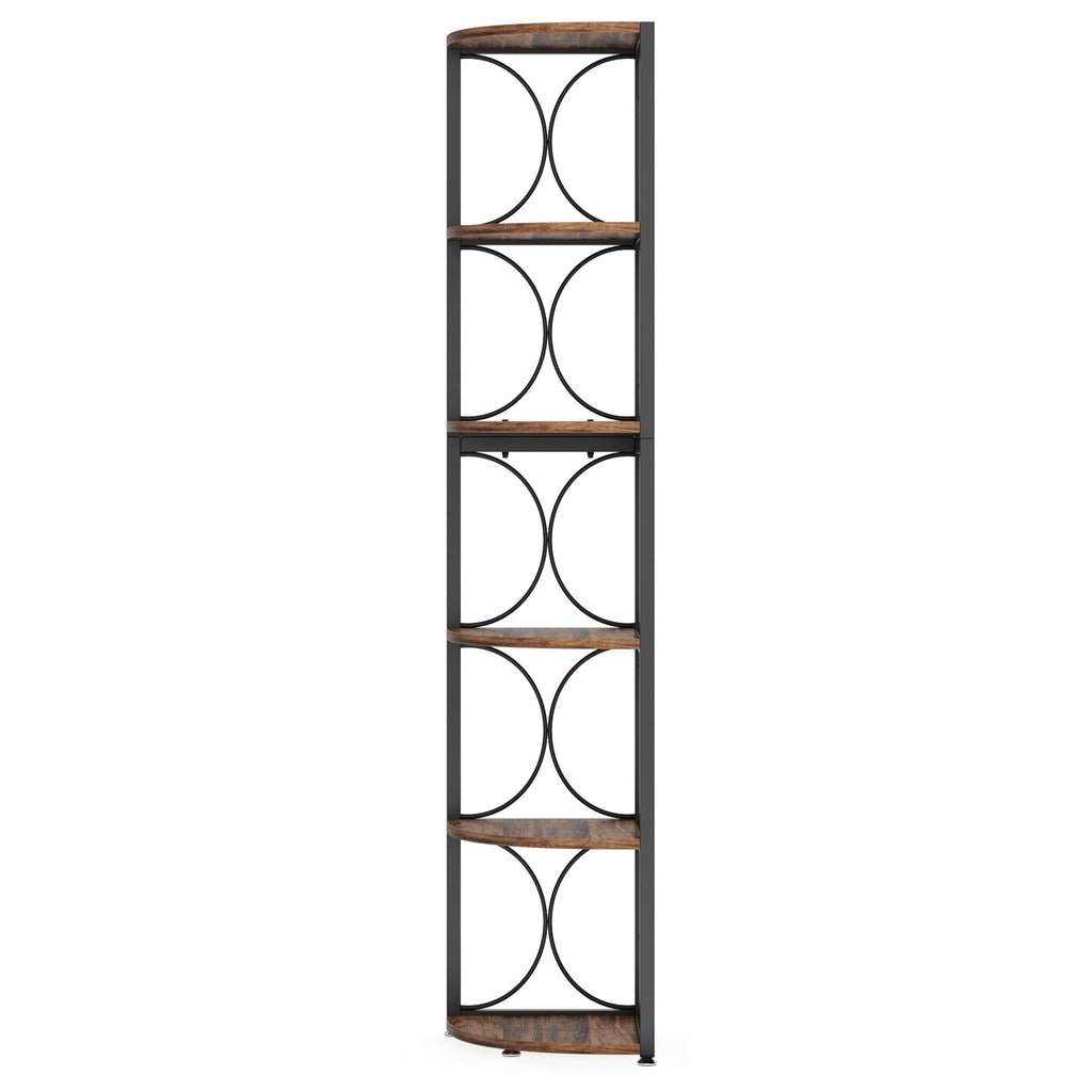 Tall 6 Tier Corner Bookshelf with Durable MDF & Metal Frame - Rustic Brown
