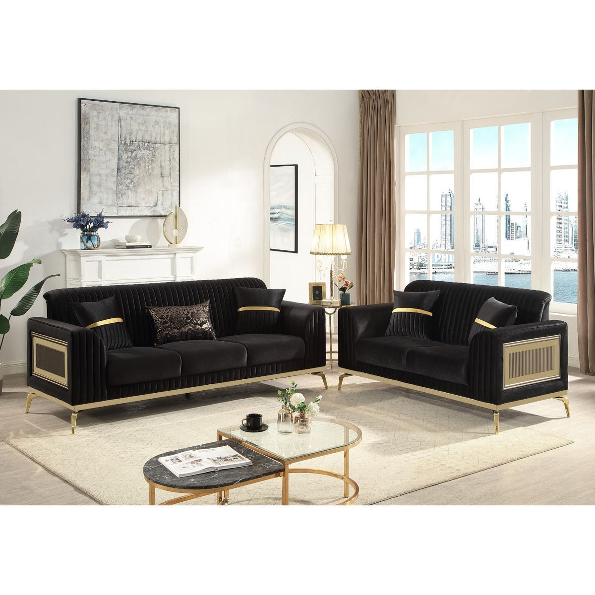 Antigua 2 Piece Living Room Set with Plush Cushions and Metal Accents - Black or Light Brown