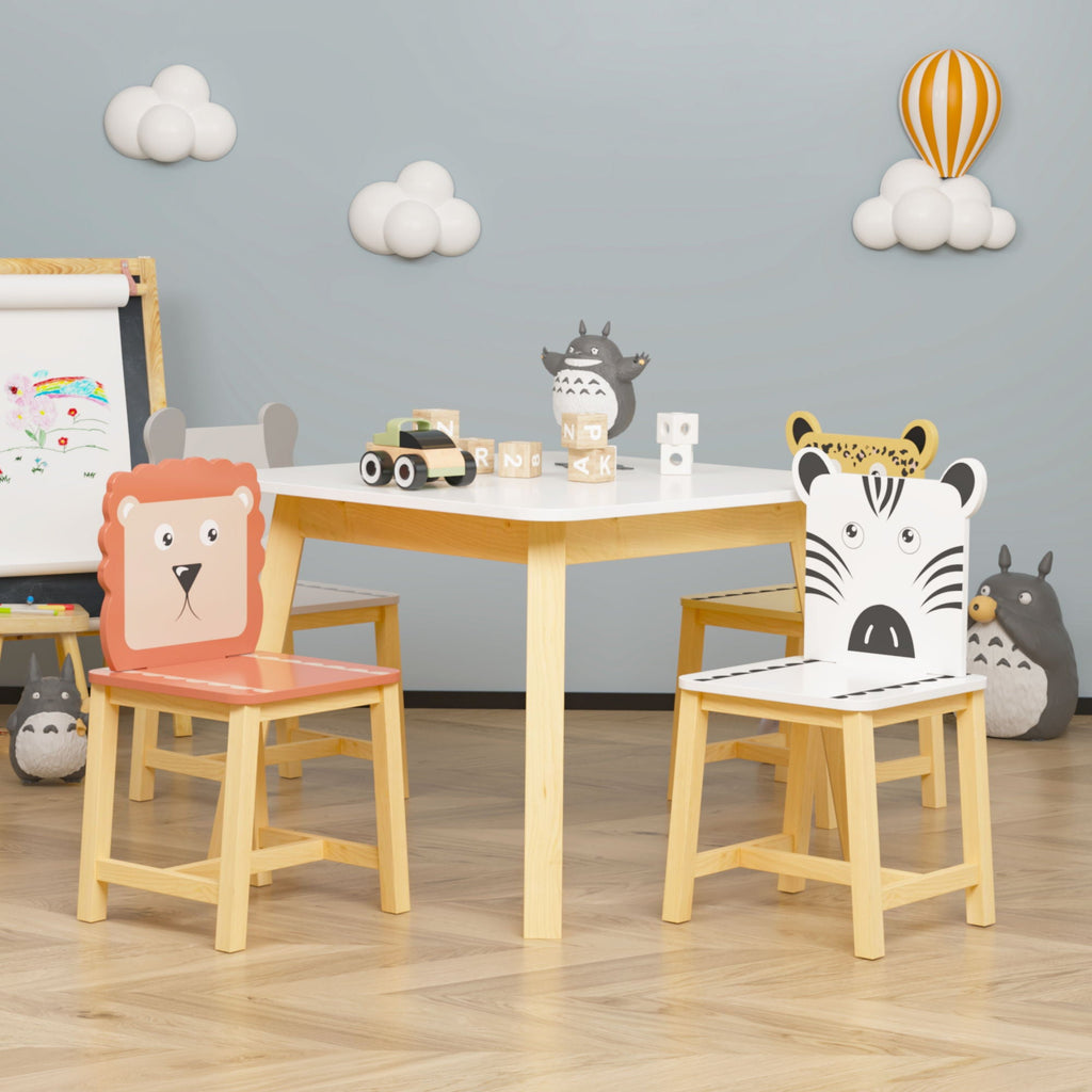 Kids Table and Chair Set with Cartoon Animals Design - White