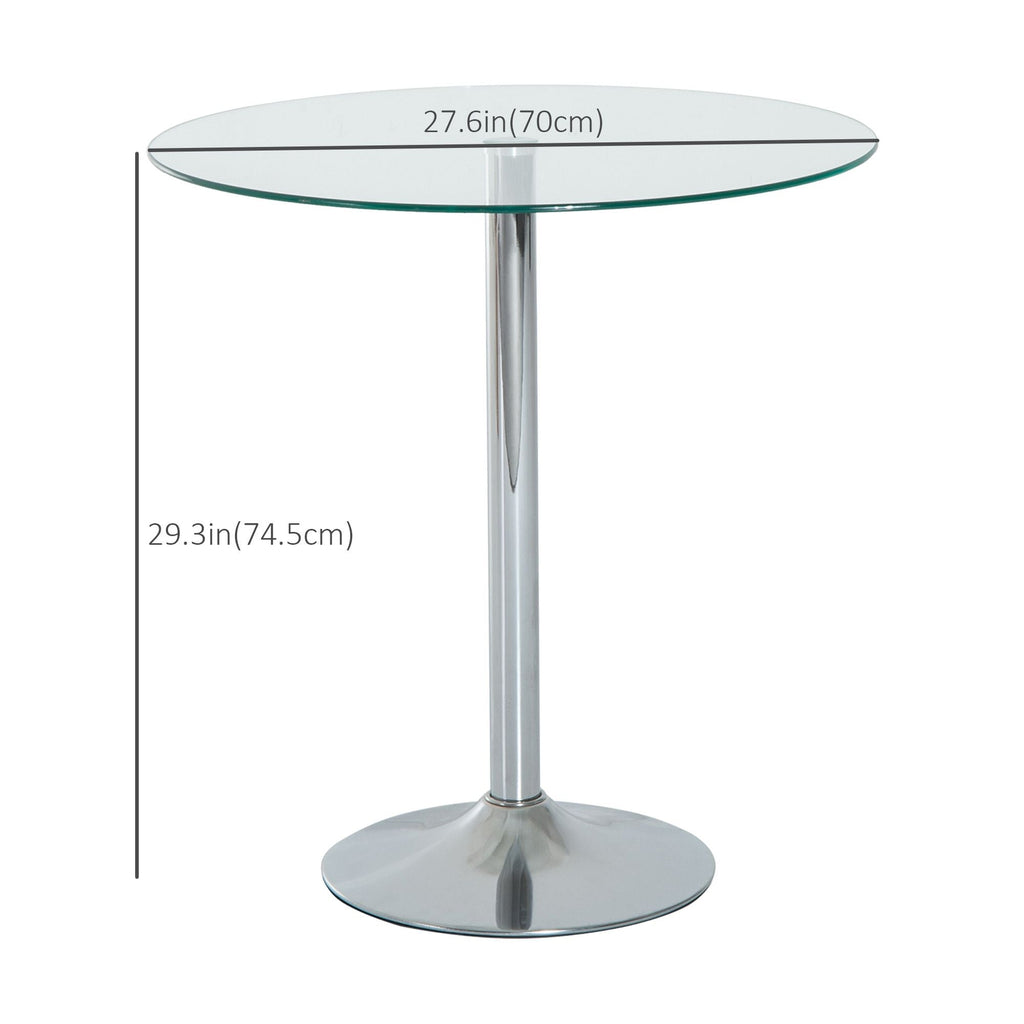 Round Dining Table, Modern Pub Table with Tempered Glass Top, Galvanized Metal Base, Small Dining Table, Silver