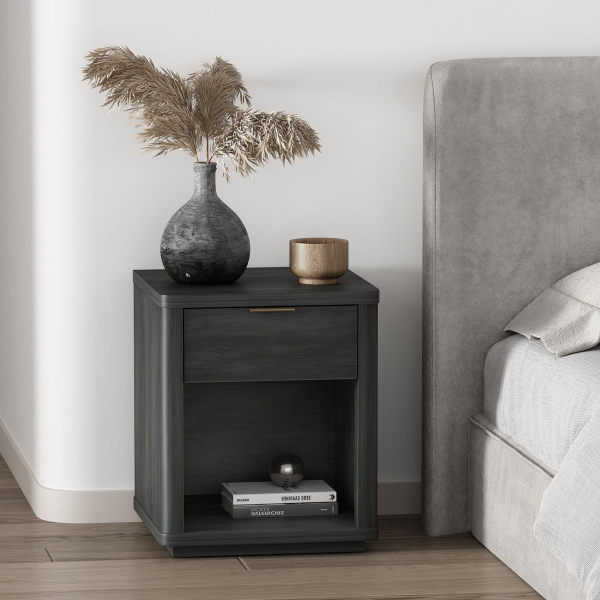 Evelyn Nightstand with 1 Drawer and Open Shelf - Dark Gray, Dark Brown, Light Brown