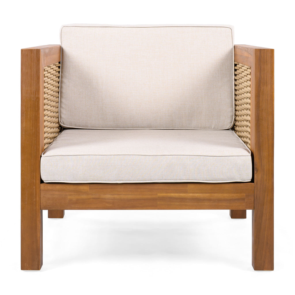 Outdoor Club Chair with Rope Arm and Cushions - Beige Teak