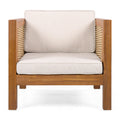 Outdoor Club Chair with Rope Arm and Cushions - Beige Teak
