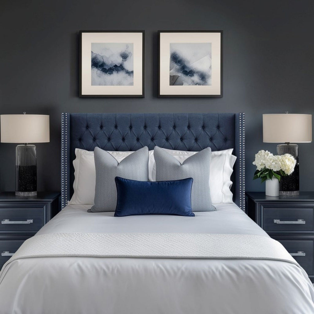 Transitional Upholstery Headboard with Tufted Buttons and Nailhead Trim - Queen, Gray or Blue