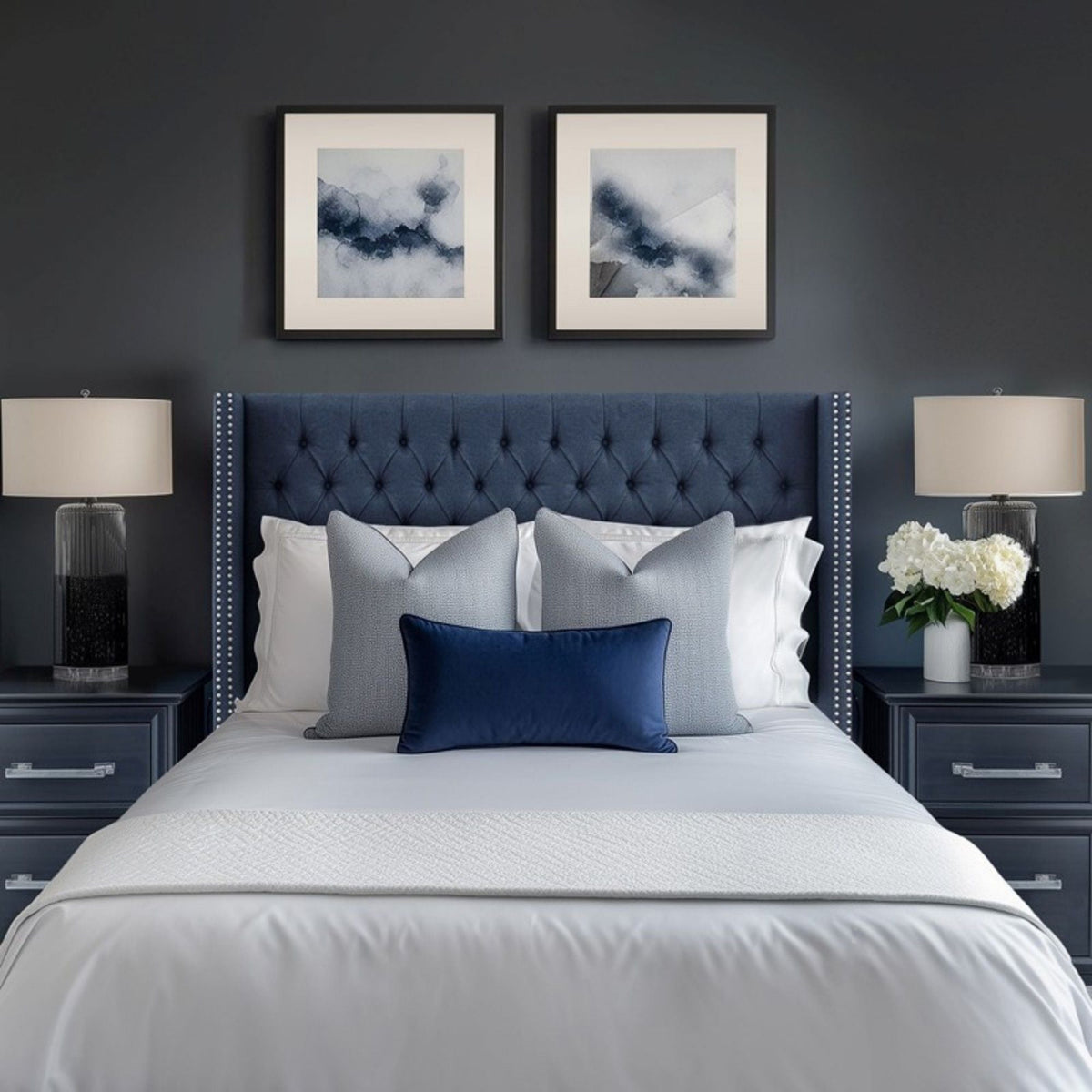 Transitional Upholstery Headboard with Tufted Buttons and Nailhead Trim - Queen, Gray or Blue