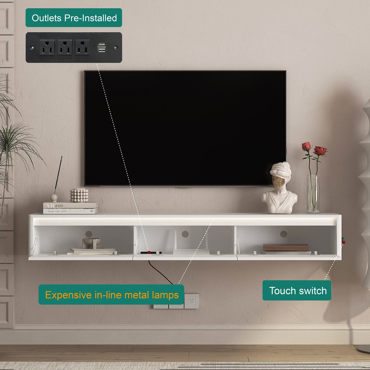 Floating TV Stand with LED Lights & Power Outlet - White or Black