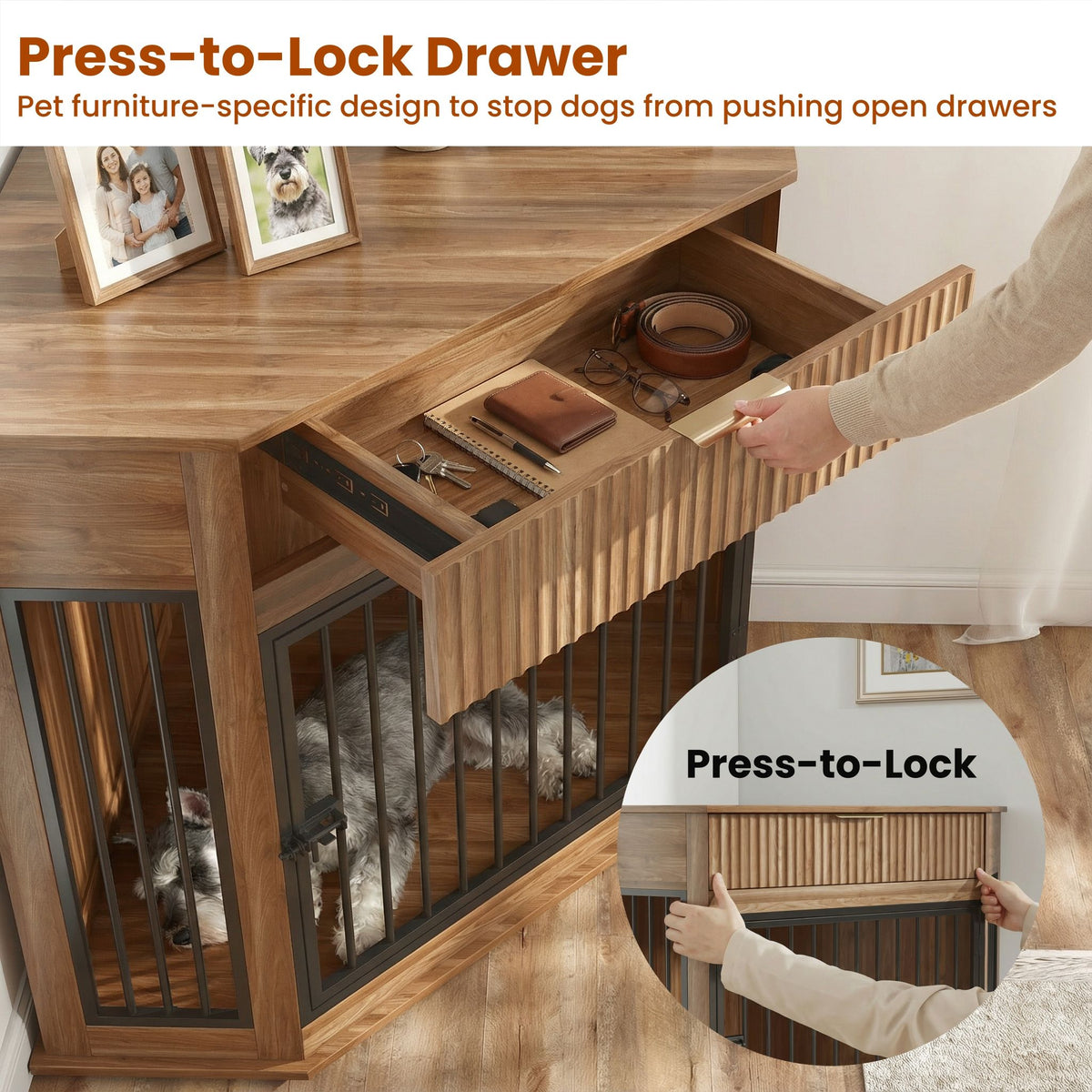 Corner Dog Crate with Fluted Drawer - White or Dark Brown