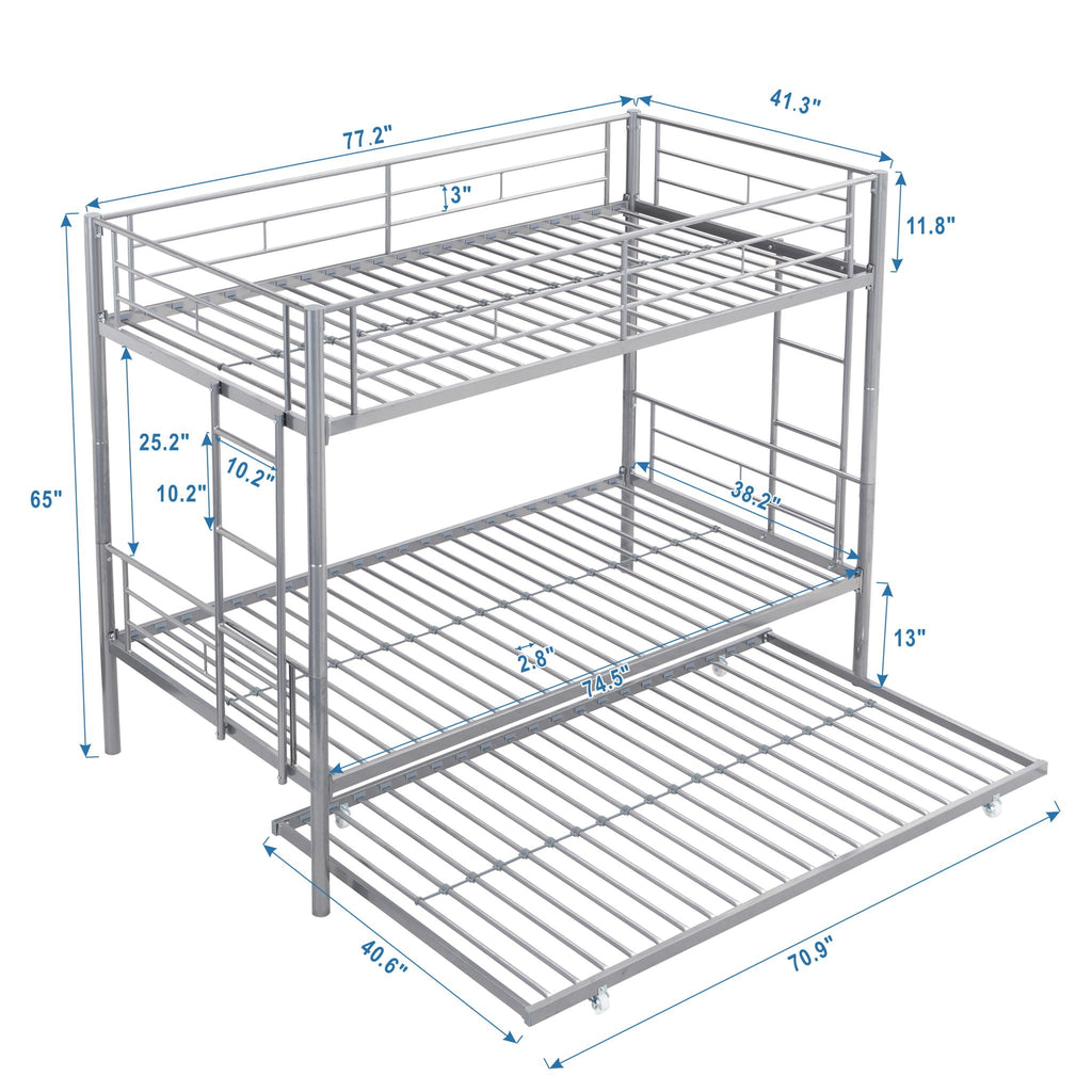 Twin Over Twin Bunk Bed with Trundle - Sturdy Metal Frame - Pearl Silver, White, or Pink