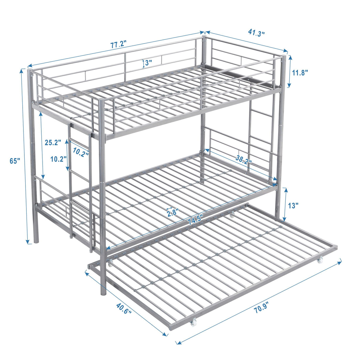 Twin Over Twin Bunk Bed with Trundle - Sturdy Metal Frame - Pearl Silver, White, or Pink