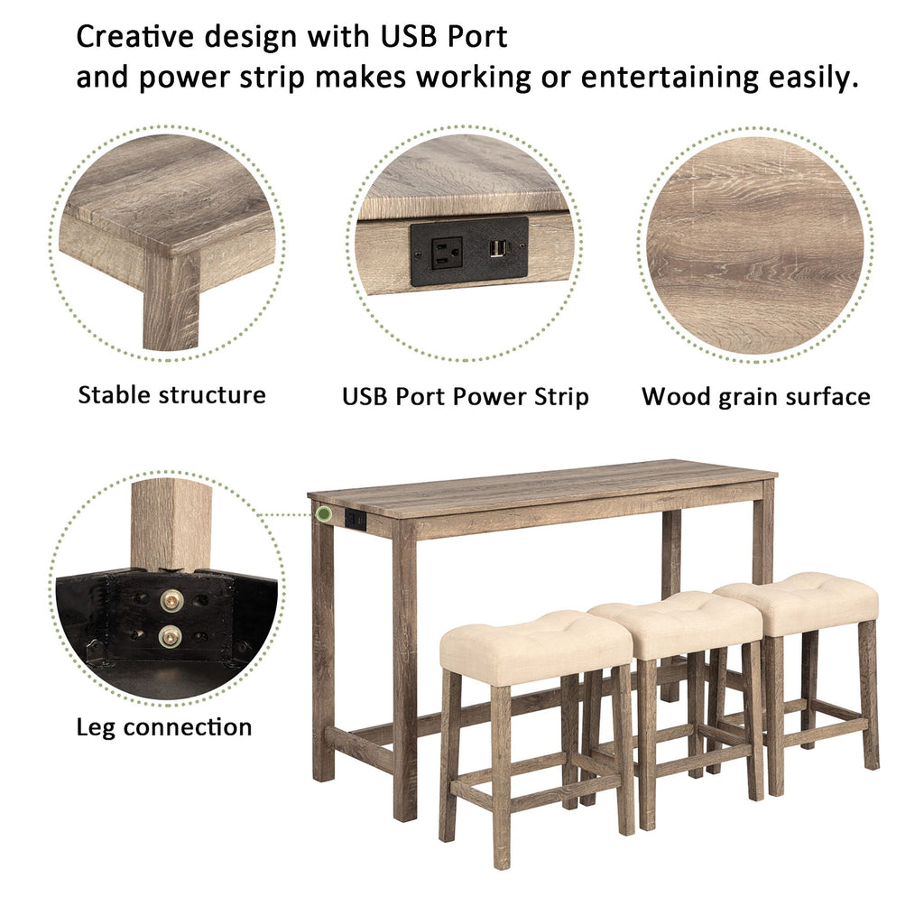 4 Piece Bar Table Set with Power Outlet and 3 Padded Stools - Light Brown or Dark Gray